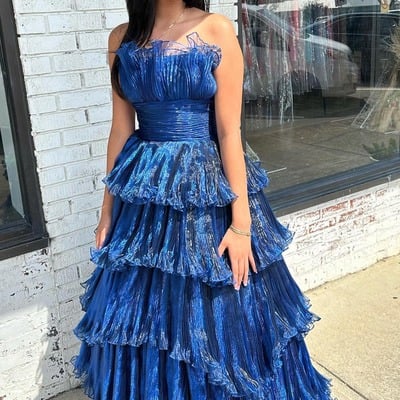 A line tiered strapless organza navy prom dress，long evening dress,pd231369