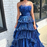 A Line Tiered Strapless Organza Navy Prom Dress，Long Evening Dress,PD231369 - Thumbnail 1