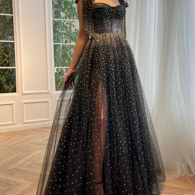 Elegant black sequins lace prom dress formal dress evening gowns