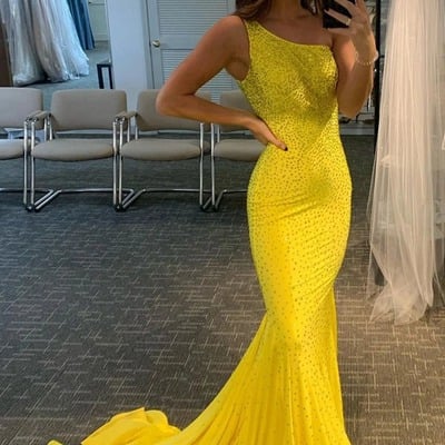 Beaded mermaid yellow prom dress ，evening dress,pd231370