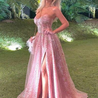 Elegant pink lace prom dress formal dress evening gowns