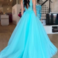 Tulle Sky Blue Deep V Neck Prom Dress Long Evening Dress with Appliques,PD231371 - Thumbnail 1