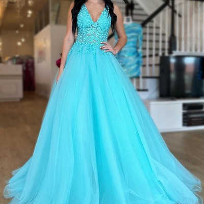 Tulle sky blue deep v neck prom dress long evening dress with appliques,pd231371