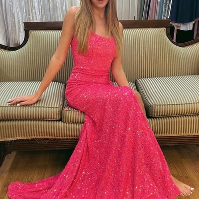 Lace up back sequins hot pink prom dress evening dress,pd231372