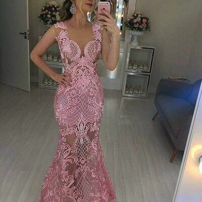 Elegant pink lace prom dress formal dress evening gowns
