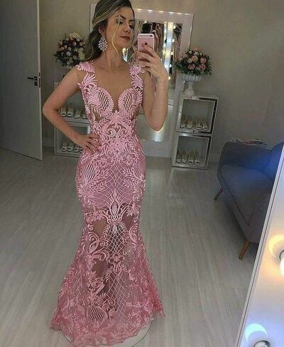 Elegant Pink Lace Prom Dress Formal Dress Evening Gowns