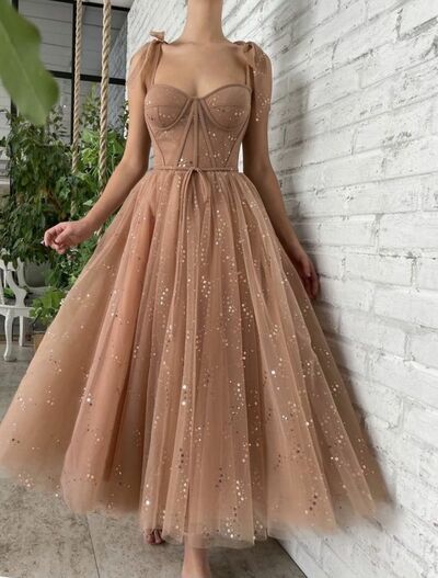 Elegant Sequins Lace Tea-length Prom Dress Formal Dress Evening Gowns