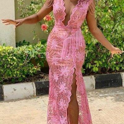 Elegant mermaid pink lace appliques prom dress formal dress evening gowns