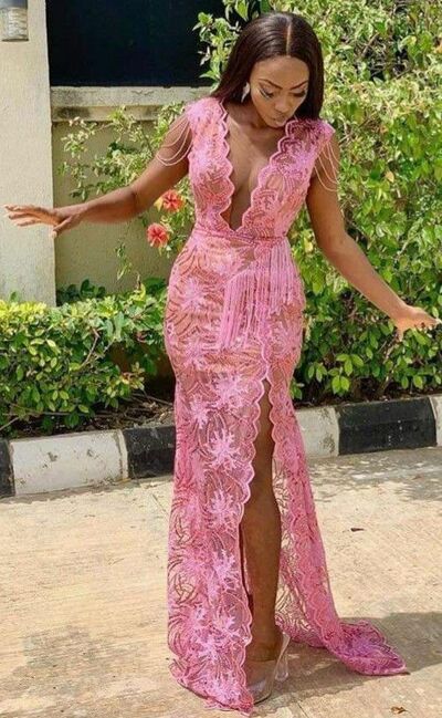 Elegant Mermaid Pink Lace Appliques Prom Dress Formal Dress Evening Gowns