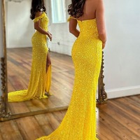 Detachable Straps Mermaid Sequined Yellow Prom Dress ，Evening Dress with Slit,PD231373 - Thumbnail 1