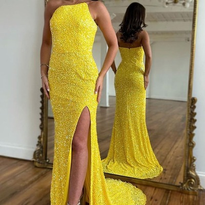 Detachable straps mermaid sequined yellow prom dress ，evening dress with slit,pd231373