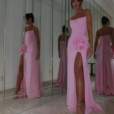 Elegant pink sheath side slit prom dress formal dress evening gowns