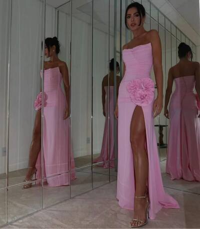 Elegant Pink Sheath Side Slit Prom Dress Formal Dress Evening Gowns