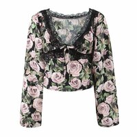 Retro V-neck all-match long-sleeved lace rose print top - Thumbnail 2