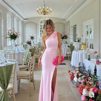 Elegant pink sheath side slit prom dress formal dress evening gowns