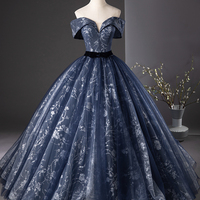 Blue Floral Tulle Long A-Line Prom Party Dress - Thumbnail 6