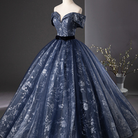 Blue Floral Tulle Long A-Line Prom Party Dress - Thumbnail 1