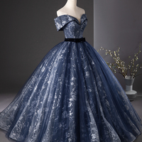 Blue Floral Tulle Long A-Line Prom Party Dress - Thumbnail 2