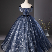 Blue Floral Tulle Long A-Line Prom Party Dress - Thumbnail 3
