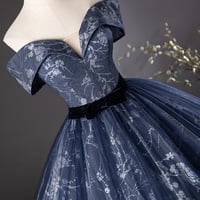 Blue Floral Tulle Long A-Line Prom Party Dress - Thumbnail 4