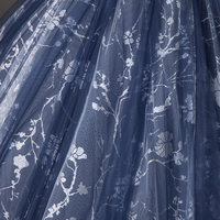 Blue Floral Tulle Long A-Line Prom Party Dress - Thumbnail 5