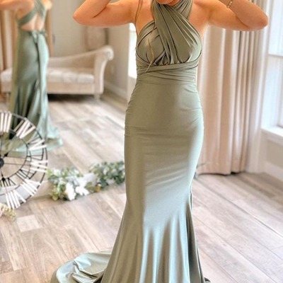 Mermaid light green convertible satin prom bridesmaid dress,pd231374