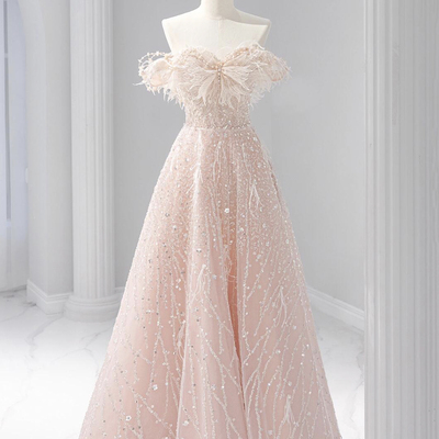 Beautiful pink tulle sequins long prom party dress - Thumbnail 1