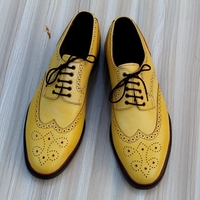 Crafted Leather Elegant Yellow Wingtip Oxford Dress Shoes - Thumbnail 2