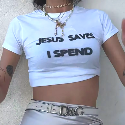 Jesus saves i spend cropped top