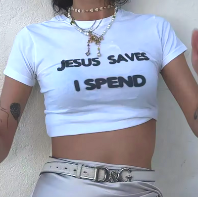 JESUS SAVES I SPEND CROPPED TOP