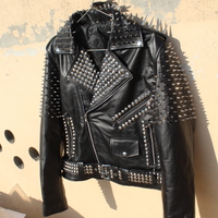 Crafted Leather Women Punk Style Studded Leather Jacket Large Spike Sliver Studs - Thumbnail 1