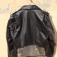 Crafted Leather Women Punk Style Studded Leather Jacket Large Spike Sliver Studs - Thumbnail 3