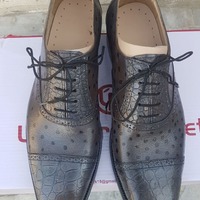 Crafted Leather Mens Gray Classic Ostrich and Crocodile Texture Leather Lace up Alligator Dress Oxford Shoes - Thumbnail 1