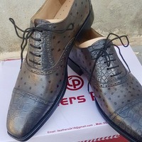 Crafted Leather Mens Gray Classic Ostrich and Crocodile Texture Leather Lace up Alligator Dress Oxford Shoes - Thumbnail 2