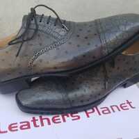 Crafted Leather Mens Gray Classic Ostrich and Crocodile Texture Leather Lace up Alligator Dress Oxford Shoes - Thumbnail 4