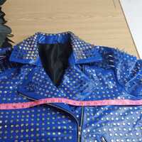 New Men's Punk Blue Silver Long Spiked Studded Brando Biker Leather Jacket - Thumbnail 5