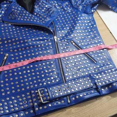 New men's punk blue silver long spiked studded brando biker leather jacket