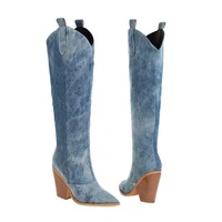 Western denim high heel high-top slim-fitting boots - Thumbnail 3