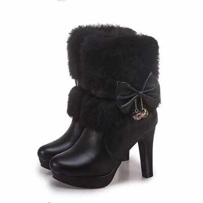 Martin boots rabbit fur bow waterproof platform thick heels high heels - Thumbnail 4