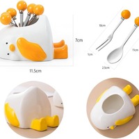 (6 Pieces) Cute Little Duck Ceramic Storage Jar Fruit Fork Spoon Suits - Thumbnail 4