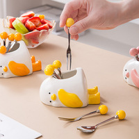 (6 Pieces) Cute Little Duck Ceramic Storage Jar Fruit Fork Spoon Suits - Thumbnail 1
