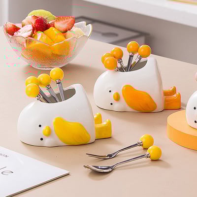 (6 pieces) cute little duck ceramic storage jar fruit fork spoon suits