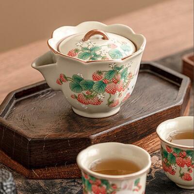 Vintage strawberry rabbit ceramic hand-held tea pot mug set