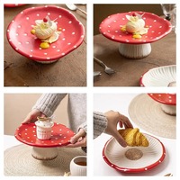 Red Mushroom Ceramic Plate Cake Stand Plate - Thumbnail 5
