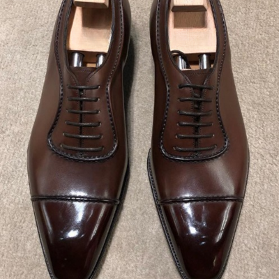 Handmade men dark brown patina oxford lace up shoes - Thumbnail 5