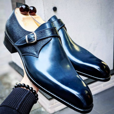Blue calf leather monk strap dress shoes - Thumbnail 2