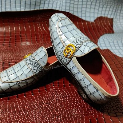 Crafted leather handmade classic blue crocodile/alligator leather dress shoes - Thumbnail 4