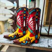 Crafted Leather Classic Dress Shoes Multi Color Leather Designer Fashion Ankle Cowboy Pointed Toe Boot  - Thumbnail 1