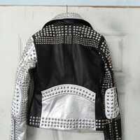 Ladies Brando Silver Black Cone Studded Leather Zippered Gothic Jacket - Thumbnail 3