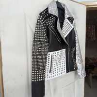 Ladies Brando Silver Black Cone Studded Leather Zippered Gothic Jacket - Thumbnail 2